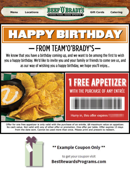 Beef 'O' Brady's Free Birthday Appetizer Gift