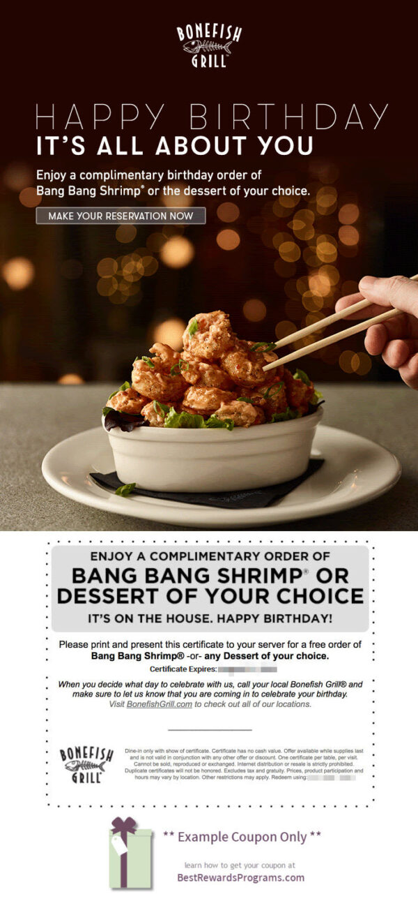 Bonefish Grill Free Choice of Birthday Gift with Signup