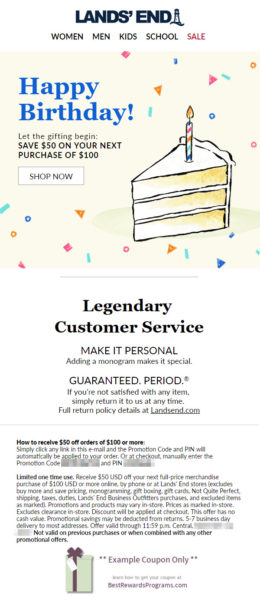 Lands' End $50 Off a $100 Purchase Coupon Free Birthday Gift