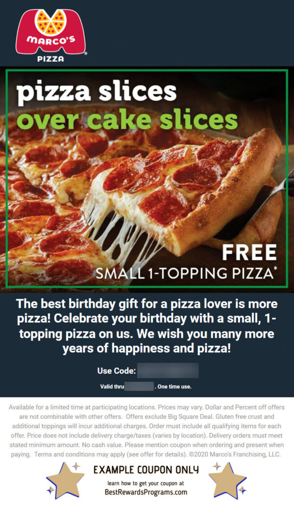 Marco's Pizza Birthday Gift - See 100's more Free Birthday Gifts at BestRewardsPrograms.com #MarcosPizza