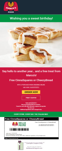 Marco's Pizza Free Food Birthday Gift