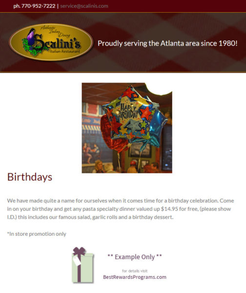 Scalini's Italian Restaurant Free Birthday Meal