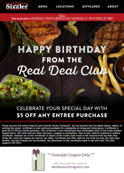 Free Birthday Gift at Sizzler