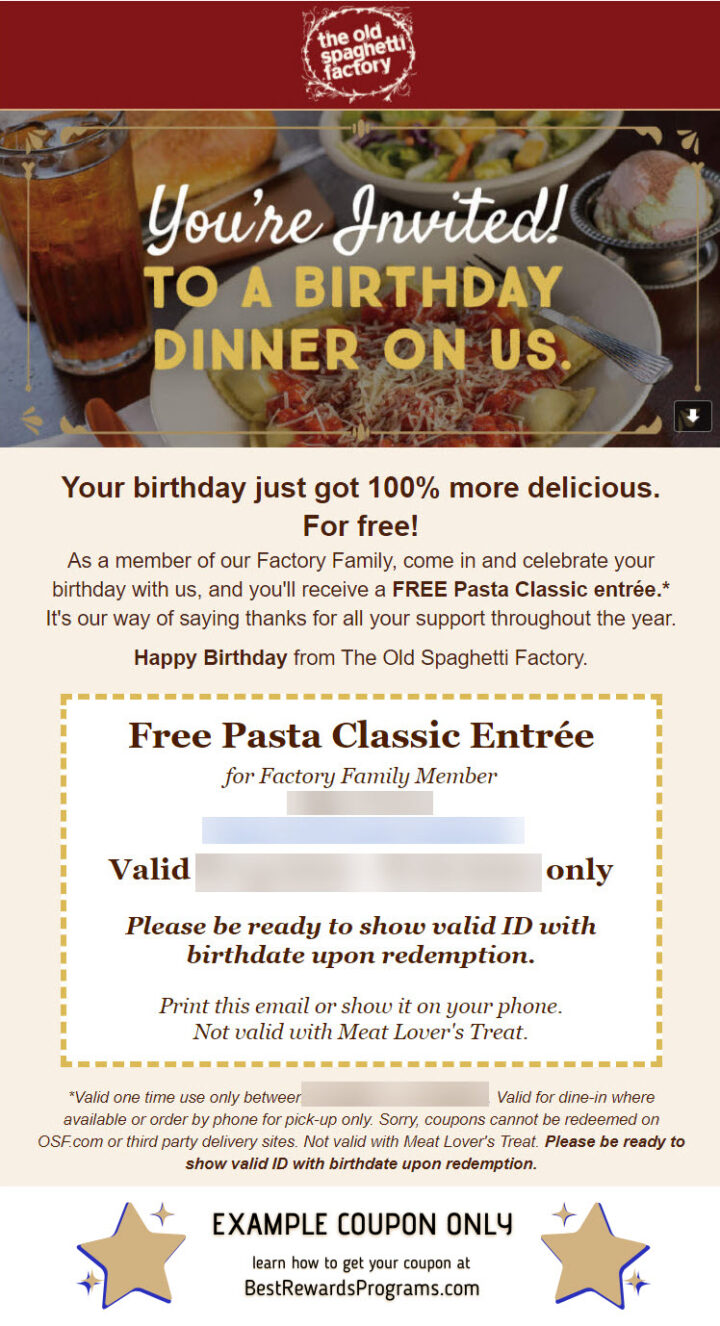 Free Birthday Meal at The Old Spaghetti Factory