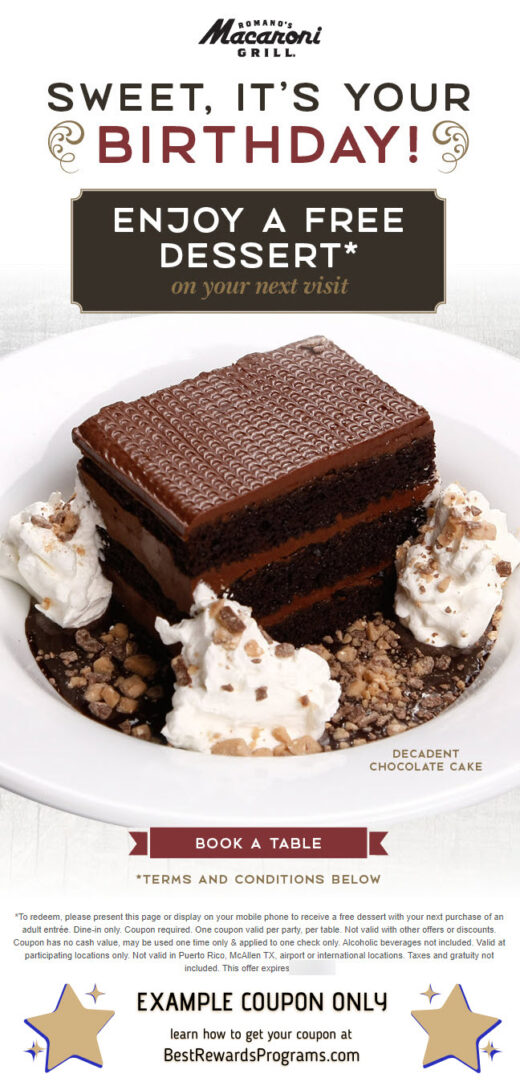 Romano's Macaroni Grill Birthday Gift - See 100's more Free Birthday Gifts at BestRewardsPrograms.com #MacaroniGrill