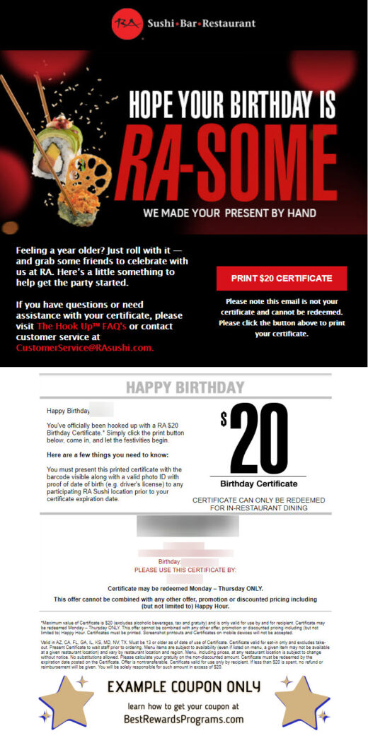 RA Sushi Birthday Gift - See 100's more Free Birthday Gifts at BestRewardsPrograms.com #RASushi