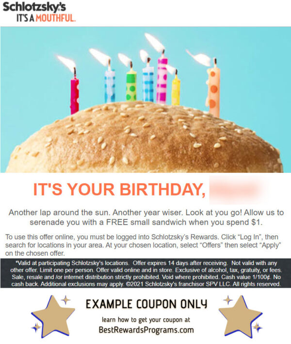 Schlotzsky's Birthday Gift - See 100's more Free Birthday Gifts at BestRewardsPrograms.com #Schlotzskys