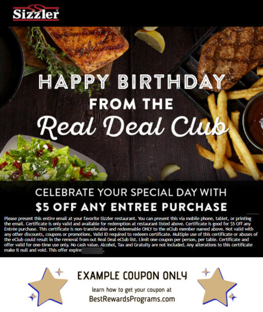 Sizzler Birthday Gift - See 100's more Free Birthday Gifts at BestRewardsPrograms.com #sizzler_usa