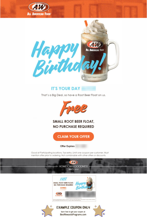 A&W Birthday Gift - See 100's more Free Birthday Gifts at BestRewardsPrograms.com #awrestaurants