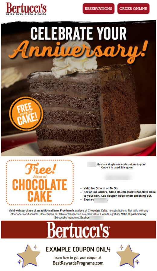 Bertucci's Anniversary free dessert