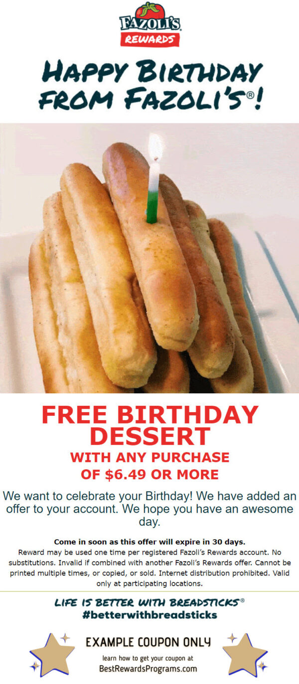 Fazoli's Birthday Gift - See 100's more Free Birthday Gifts at BestRewardsPrograms.com #Fazolis