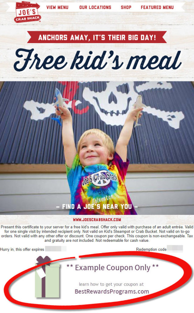 Joe's Crab Shack Free Kid's Meal for kid's birthdays with Signup