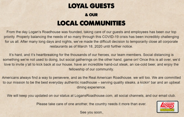 Logan's Roadhouse Covid19 Response
