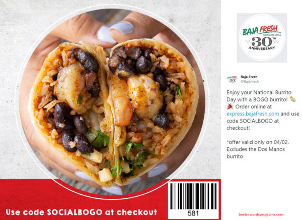 Free BOGO Offer at Baja Fresh for National Burrito Day 2020