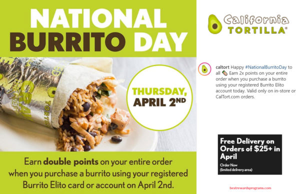 Free bonus points at California Tortilla for National Burrito Day