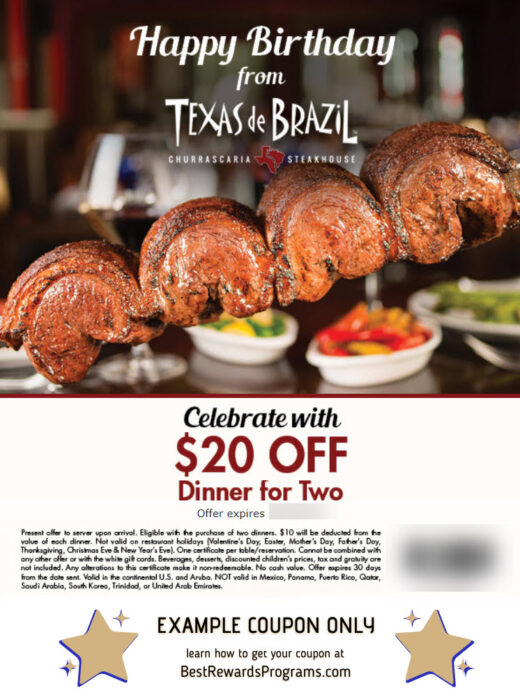 Texas De Brazil Birthday Gift - See 100's more Free Birthday Gifts at BestRewardsPrograms.com #texasdebrazil
