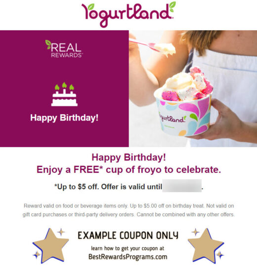 Yogurtland Birthday Gift - See 100's more Free Birthday Gifts at BestRewardsPrograms.com #Yogurtland