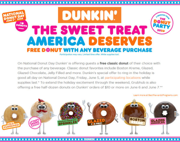 Dunkin' Donuts Free Donut on National Donut Day 2020 with Beverage Purchase