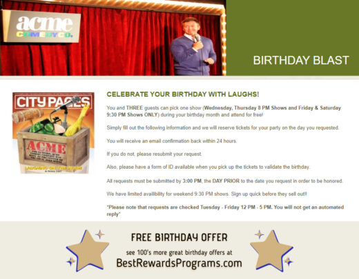 Acme Comedy Co Free Birthday Gift #AcmeComedyCo - details at BestRewardsPrograms.com