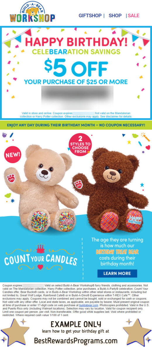Build-A-Bear Free Birthday Gift #buildabear - details at BestRewardsPrograms.com