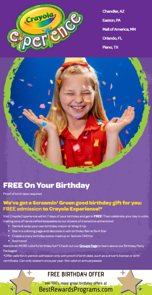 Crayola Experience Free Birthday Gift #crayolaexperience - details at BestRewardsPrograms.com