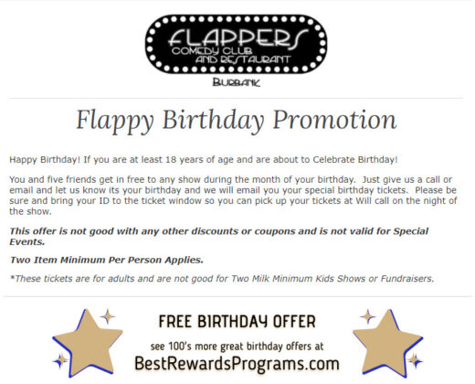 Flappers Comedy Club and Restaurant Free Birthday Gift #FlappersComedy - details at BestRewardsPrograms.com