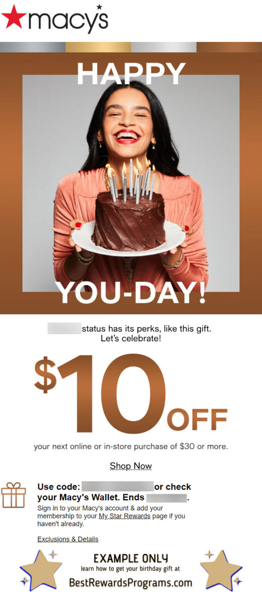 Macy's Free Birthday Gift #macys - details at BestRewardsPrograms.com