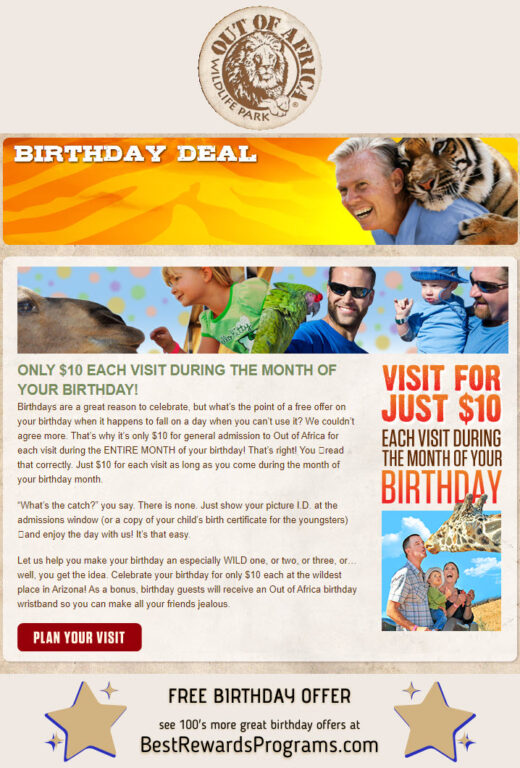 Out of Africa Wildlife Park Free Birthday Gift #OutOfAfricaPark - details at BestRewardsPrograms.com