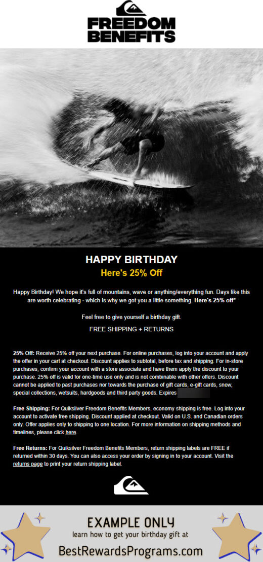 Quiksilver Free Birthday Gift #Quiksilver - details at BestRewardsPrograms.com