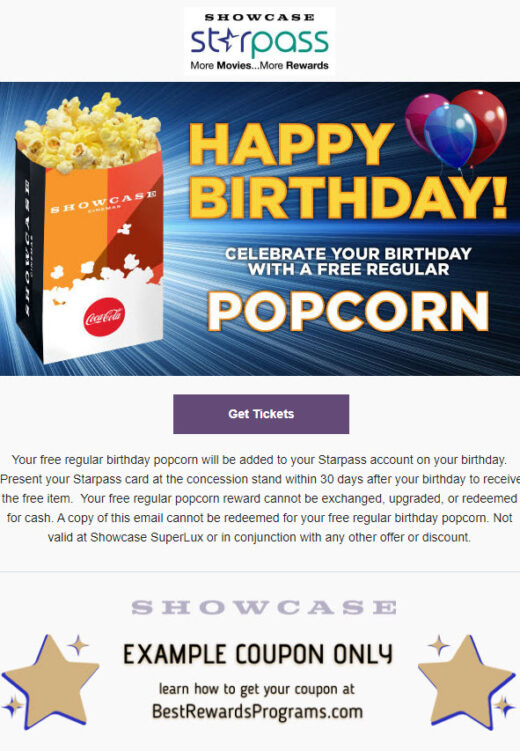 Showcase Cinemas Free Birthday Gift # - details at BestRewardsPrograms.com