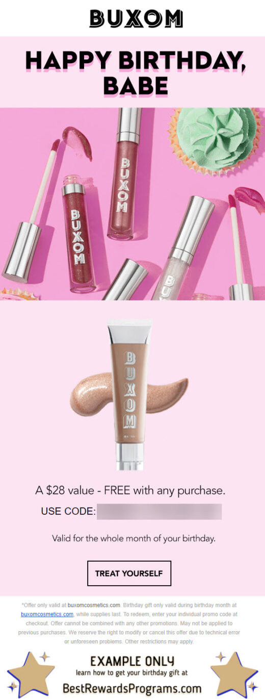 BUXOM Free Birthday Gift - details at BestRewardsPrograms.com #BuxomCosmetics