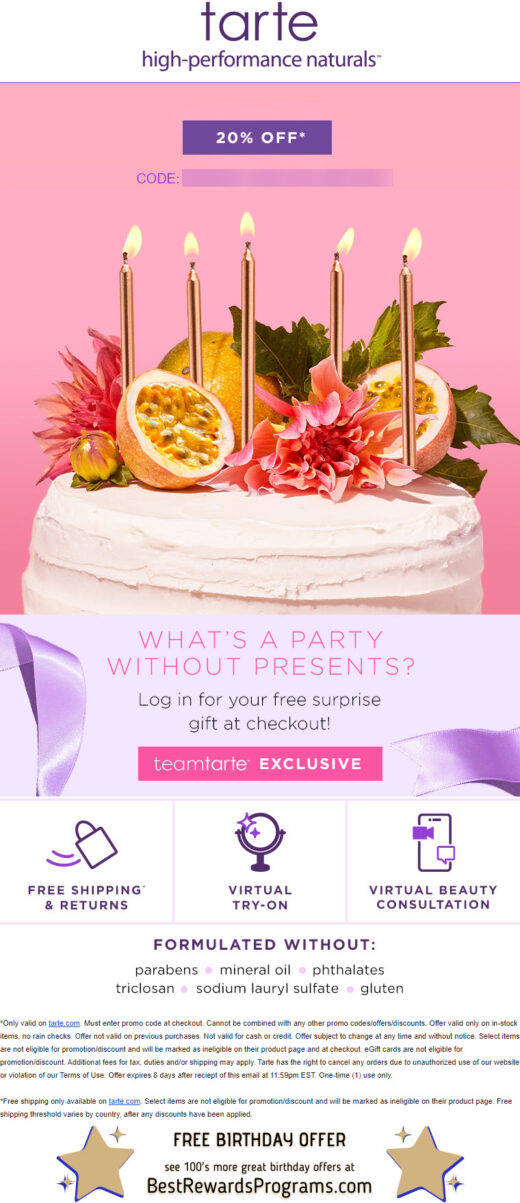 Tarte Free Birthday Gift - details at BestRewardsPrograms.com #tartecosmetics