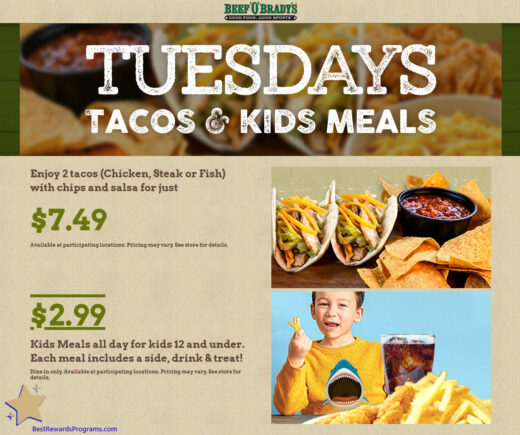 Discounted Kids Meals at Beef 'O' Brady's details at bestrewardsprograms.com