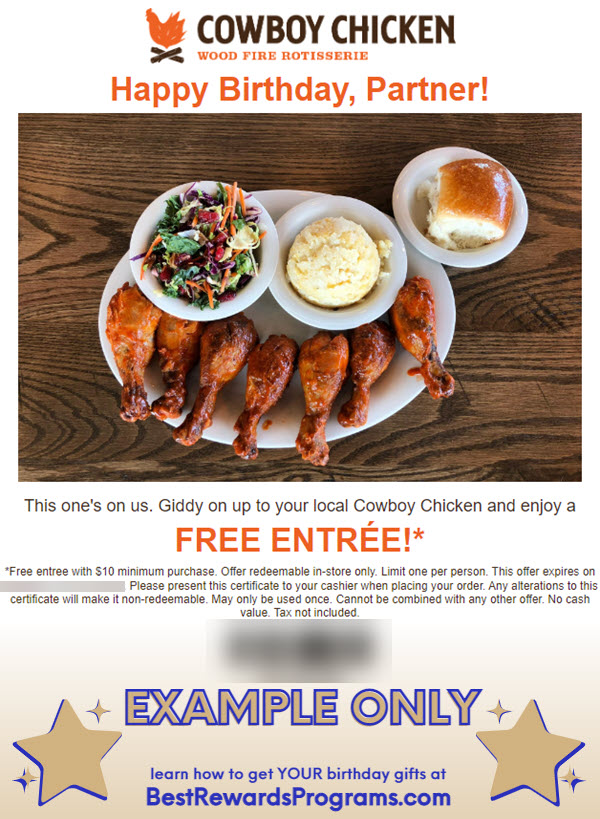 Cowboy Chicken Birthday Gift - See 100's more Free Birthday Gifts at BestRewardsPrograms.com #cowboychicken