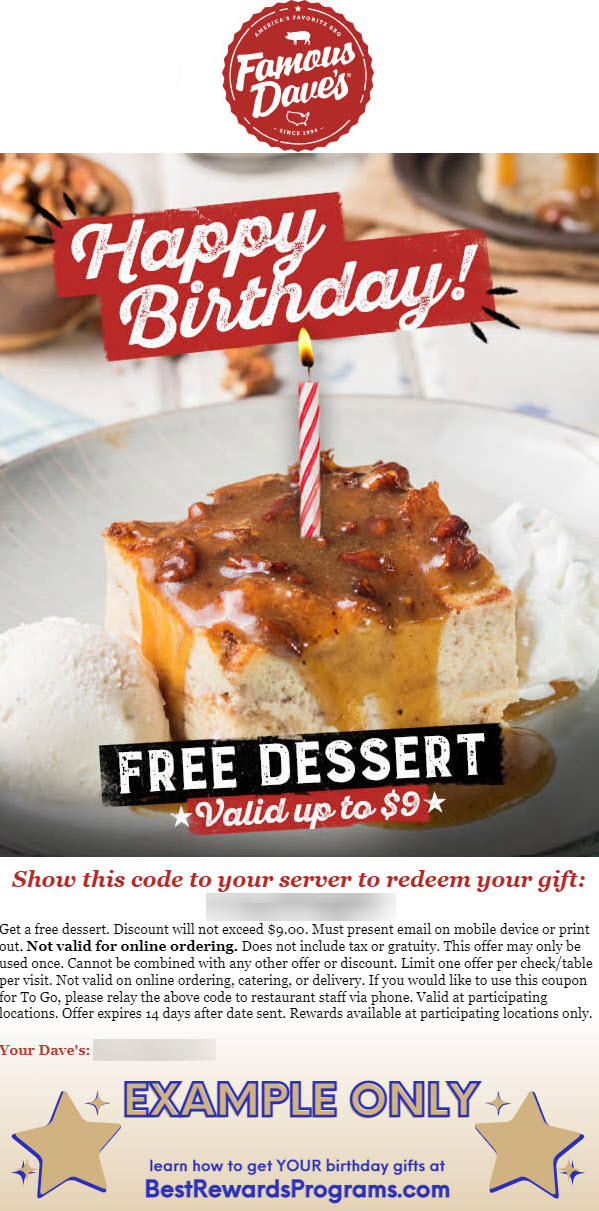 Famous Dave's Free Birthday Gift 🍰 Best Rewards Programs